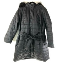 Jessica London Womens Puffer Coat Faux Fur Trim Belted Button Zip Black Size 22W - £50.96 GBP