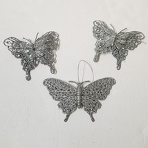 3 Glittery Butterfly Ornament Silver Butterflies Sparkly Wall or Hanging - $6.93