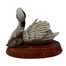 Vintage Ceramic Swan With Cygnet Baby Loving on Wood Base Hand Painted Miniature - £22.52 GBP