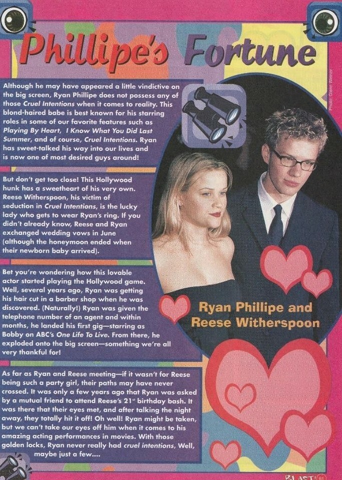 Ryan Phillippe teen magazine pinup clipping teen idols Fortune Blast 90&#39;... - $1.50