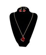 Gold Tone Necklace Earrings Teardrop Dangle Set Red Rhinestone Sparkle Prom - £11.64 GBP