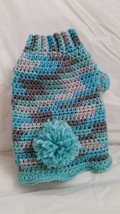 CUTE CROCHETED DOG SWEATER/HAT COMBO WITH POM POMS SIZE XS TEALS &amp; GREYS - £19.77 GBP