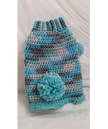 CUTE CROCHETED DOG SWEATER/HAT COMBO WITH POM POMS SIZE XS TEALS &amp; GREYS - $25.00