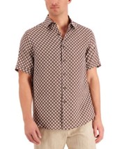 Tasso Elba Men&#39;s Regular-Fit Geo-Print Linen Shirt in Medium Brown-Small - $19.97