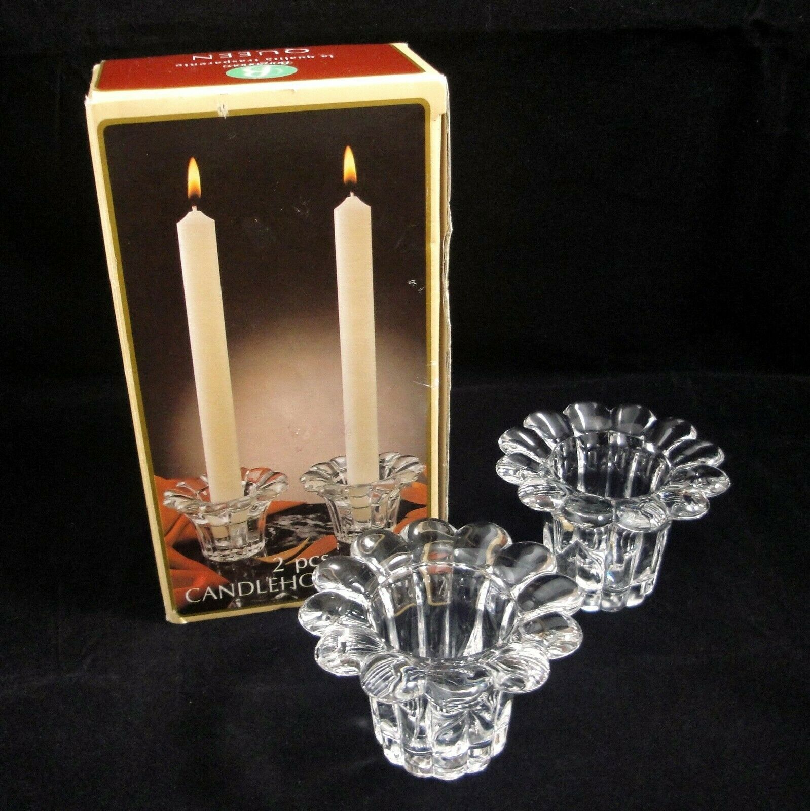 Borgonovo Queen 2 pc Candleholder Set Clear Glass Fluted Italy Taper Candle - $19.55