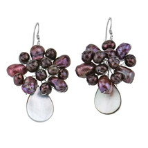 Blooming Floral Cluster Garnet Pearls Sterling Silver Earrings - £10.85 GBP