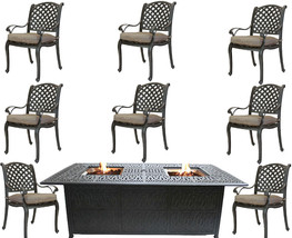 9 piece outdoor dining set with fire pit propane cast aluminum table and... - $4,995.00