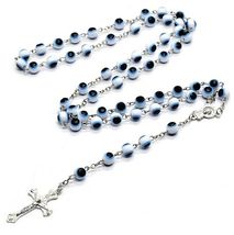 EVIL EYE ROSARY 30" Necklace 6" Drop 8mm Blue White Prayer Beads Cross C... - $3.95