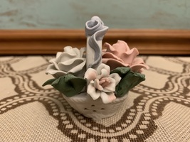 Vintage Miniature Floral Rose Basket Ceramic Figurine - $5.99