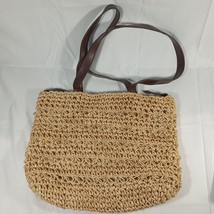 Jacqueline Ferrar Woven Straw Bucket Bag Beach Purse Leather Straps Fabr... - $18.97
