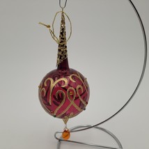 Hand Blown Art Amethyst Wine Glass Ball Christmas Ornament Gold Trim Swirl 7&quot; - £15.81 GBP