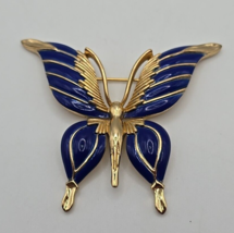 Vintage Signed Trifari Blue &amp; Gold Tone Enameled Butterfly Pin Brooch - $111.25