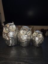 Set of 3 Silver Chrome Owl Ceramic Figurines Statues Home Decor Wise Owl... - $21.95