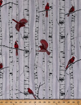 Cotton Woodsy Winter Cardinals Birds on Birch Trees Fabric Print BTY D467.32 - £12.54 GBP