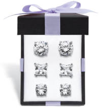 ROUND AND PRINCESS CUT CZ 3 PAIR STUD EARRINGS GIFT SET STERLING SILVER - £79.92 GBP
