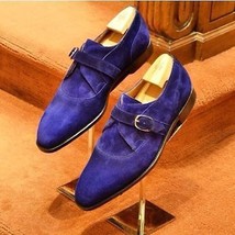 New Handmade Men Royal Blue Shoes, Men Single monk Strip suede Formal shoes 2019 - £114.74 GBP
