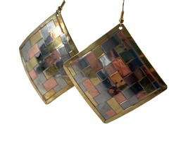 Large 2&quot; Square Mixed Metal Woven Dangle Earrings Copper Brass Silver Tone - £27.13 GBP