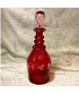 Vintage 19th Century Handblown Etched Grapes Ruby Glass Decanter W/Cut S... - $128.69