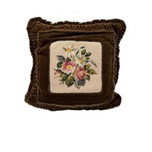 Vintage Needlepoint Pillow Brown Velvet Shabby Chic Floral Victorian - £38.78 GBP