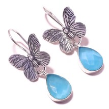 Blue Chalcedony Gemstone 925 Silver Overlay Handmade Butterfly Antique Earrings - £9.55 GBP