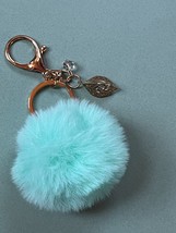 Aqua Blue Puff Balls w Lacey Goldtone Leaf &amp; Clear Bead Charms Key Chain or Back - £7.44 GBP