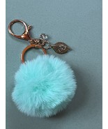 Aqua Blue Puff Balls w Lacey Goldtone Leaf &amp; Clear Bead Charms Key Chain... - £7.46 GBP