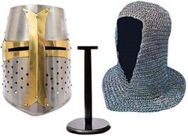 Combo Offer  Medieval Knights Templar Helmet with chain-mail hood &amp; free stand - £119.43 GBP