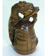 Vtg Japanese Signed Hand-Carved Wooden Netsuke Grotesque Fearsome Dragon... - $82.80