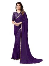 Women&#39;s Chiffon Plain Embellished Saree With Unstitched Brocade Blouse Piece 1 P - £23.89 GBP