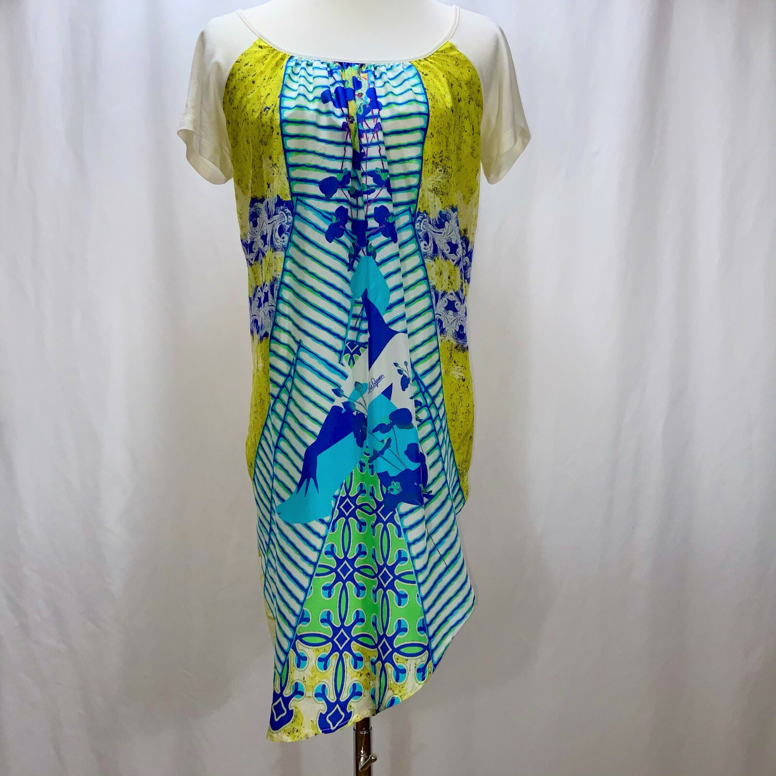 Save The Queen Asymmetrical Print Silky Knit Top Dress Short Sleeve Blue... - £36.48 GBP