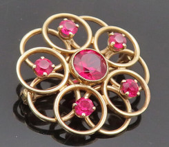 10K GOLD Vintage Brooch Pin Yellow Gold Circle Symbolism Red Ruby GB195 - £253.71 GBP