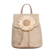 Women Straw Woven Bucket Backpack Summer Beach Female Flower Leather Ruack Splic - £108.25 GBP