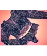 Victoria&#39;s Secret 32C 34B S BRA TOP SET navy Blue silver foil Lace LONG-... - $121.84 CAD