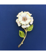 Vintage enamel metal pink flower brooch with stem green leaves flower pin - $19.75