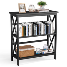 Wooden Shelf Bookcase 3-Tier Open Bookshelf W/X-Design Freestanding Rack Black - £103.10 GBP