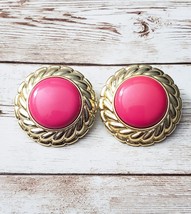Vintage Clip On Earrings Large Statement Earrings Pink with Gold Tone Halo 1.5&quot; - £12.73 GBP