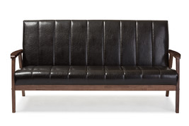 Ghina Dark Brown Faux Leather Wooden 3-Seater Sofa - $12,578.86 MXN