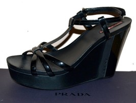 Prada  Black Woman&#39;s Lacquere Platform Wedges Italy Shoes Sandals Size U... - £205.22 GBP