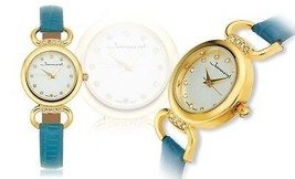 NEW Jeanneret 10041 Womens Florence Quartz Aqua Leather Gold Tone Accented Watch - £11.82 GBP