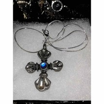 Beautiful sterling silver cross necklace with bright blue stone - $64.35