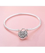 925 Sterling Silver Regal Heart Smooth Silver Padlock Bracelet Snake Chain  - £14.34 GBP+