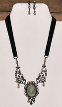 Vintage 1920-50&#39;s Cameo Necklace w Black Velvet Cord &amp; Matching Dangle E... - £31.44 GBP