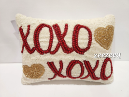 Valentines Day Red Gold Hearts XOXO Beaded Throw Pillow Home Decor 10x14&quot; - £30.95 GBP
