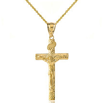 10K Solid Gold INRI Jesus of Nazareth Crucifix Wooden Texture Pendant Necklace - £132.01 GBP+