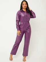 Purple Pocket Belted  Romper Stylish Leather Genuine Women Jumpsuit 100%... - £196.14 GBP+