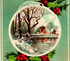 Merry Christmas Winter Scene Mistletoe Holly Embossed 1908 Vtg Postcard - £6.37 GBP