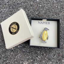 Napier Signed Silver Tone Rhinestone Penguin Brooch Gold Sparkly Jelly Belly Box - £19.02 GBP