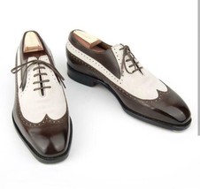 Handmade Men’s Leather Oxfords Wingtip Two Tone Formal White Brown Shoes-525 - £191.80 GBP