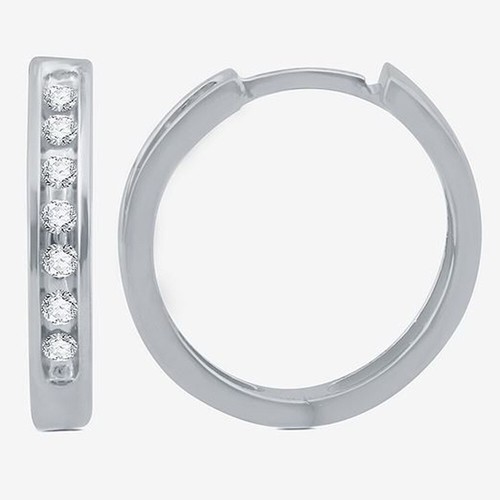 0.16CT Diamante Natural Pequeño Aro Huggies Pendientes 14K Oro Blanco Pl... - $206.84