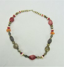 Vintage Costume Jewelry, Chunky Beaded Necklace, Pink, Orange, Gold Tone NK180 - £11.52 GBP
